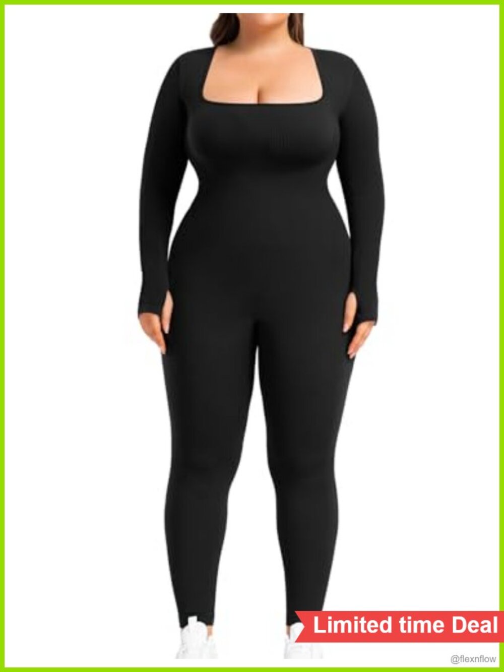 Women's Ribbed Yoga Jumpsuit with Square Neck and Long Sleeve